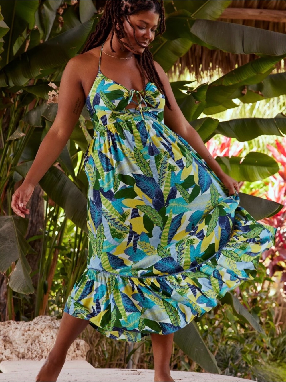 aerie Tropical Leaf Maxi Dress in Blue and Green